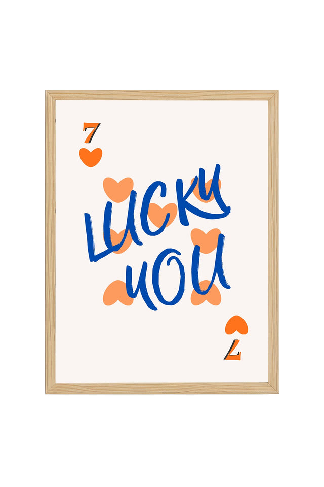 Doğal Ahşap Çerçeveli Tablo - Retro Kalp Desenli Lucky You Pop Art | huhu2278
