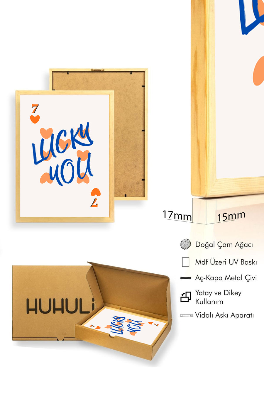 Doğal Ahşap Çerçeveli Tablo - Retro Kalp Desenli Lucky You Pop Art | huhu2278