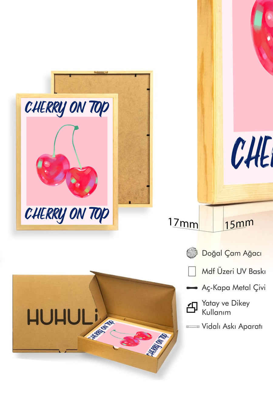 Doğal Ahşap Çerçeveli Retro Tablo - Cherry On Top Pop Art Desen | huhu2289
