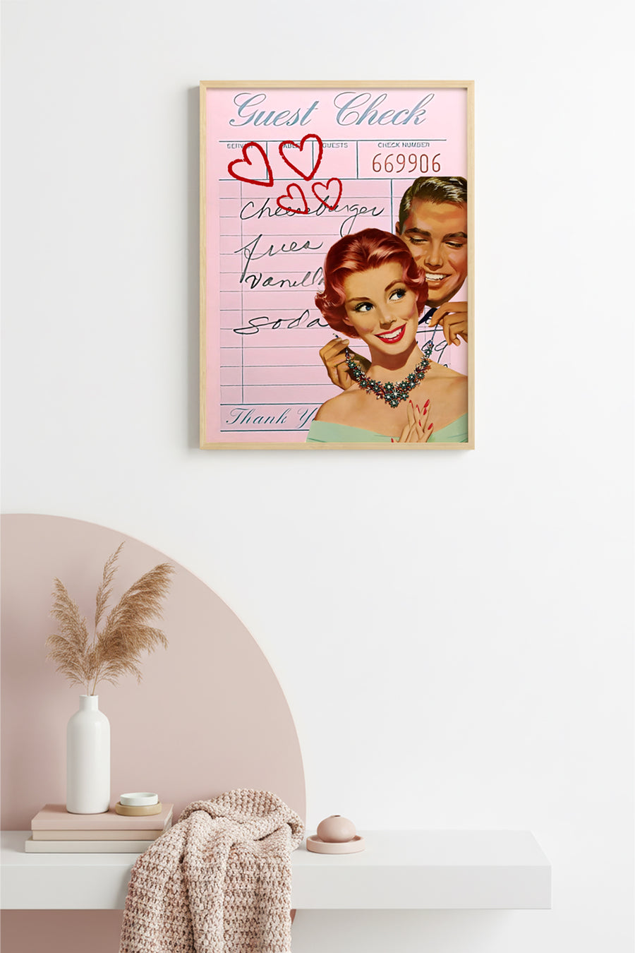 Doğal Ahşap Çerçeveli Retro Tablo - Vintage Romantik Pop Art Çifti | huhu2293