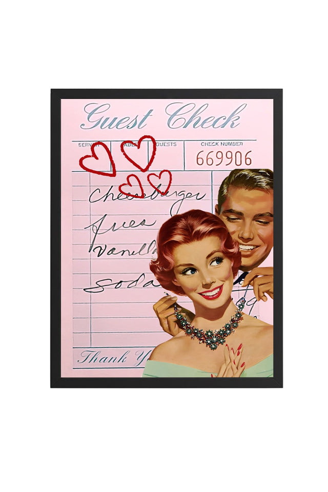Doğal Ahşap Çerçeveli Retro Tablo - Vintage Romantik Pop Art Çifti | huhu2293