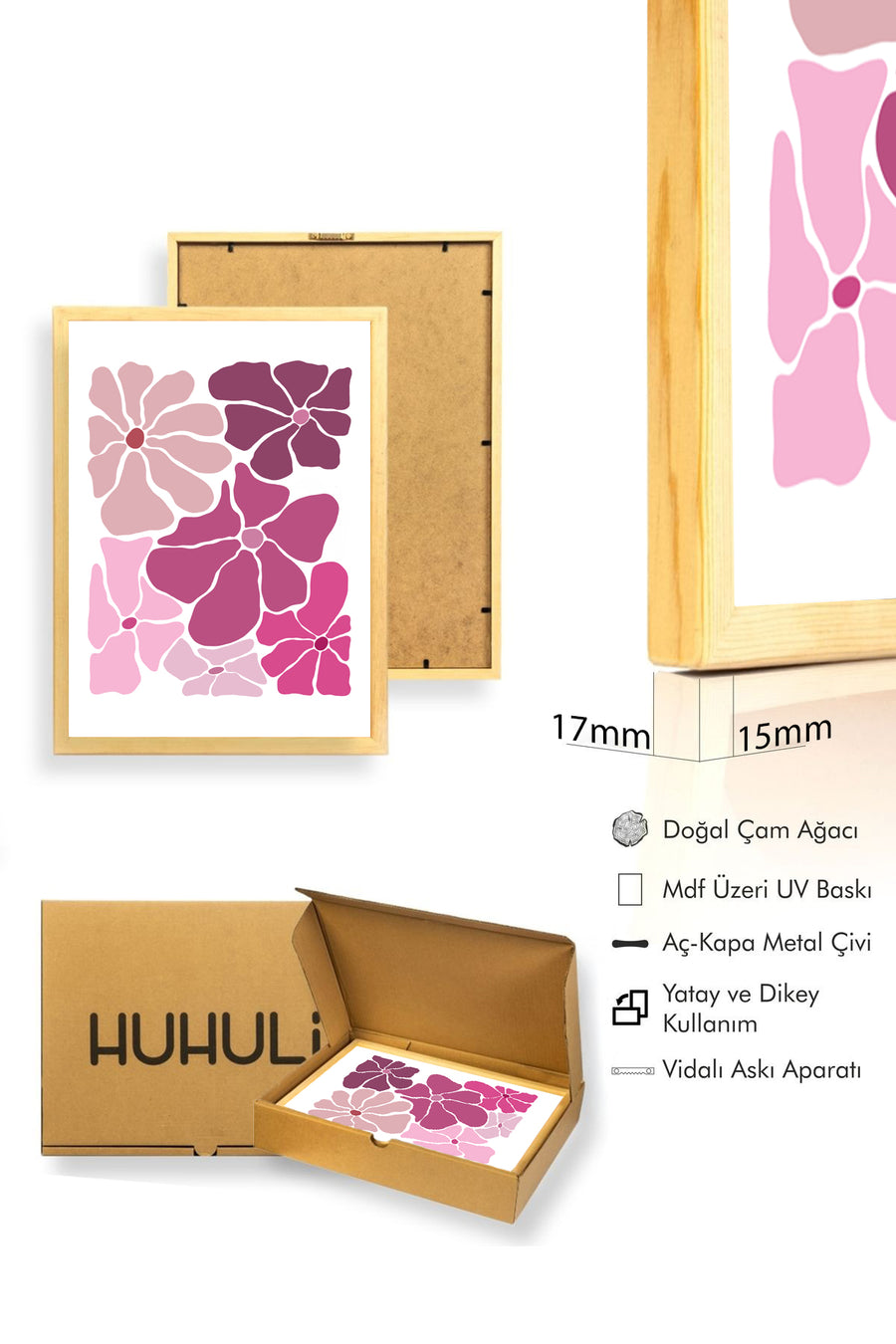 Doğal Ahşap Çerçeveli Retro Floral Tablo - Pastel Pembe Tonlar | huhu2298
