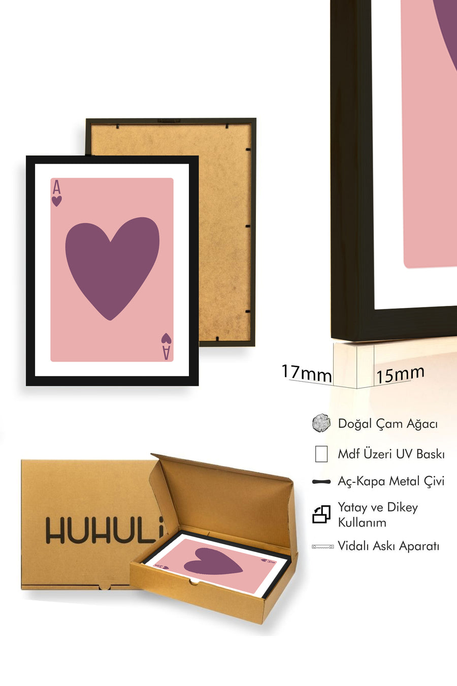 Doğal Ahşap Çerçeveli Retro Kalp Desenli Tablo - Pembe Aşk Tonları | huhu2299