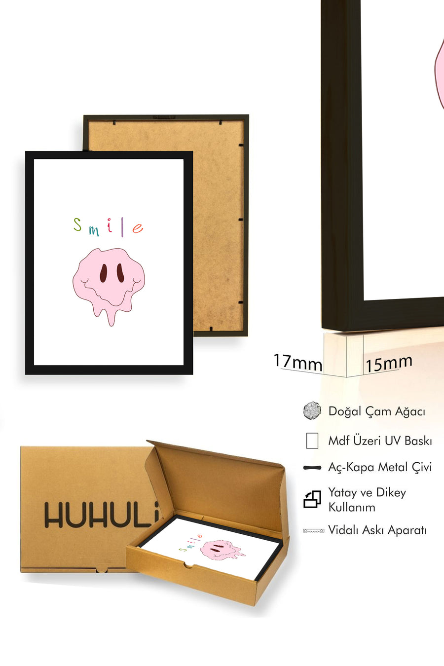 Doğal Ahşap Çerçeveli Retro Smiley Tablo - Eğlenceli Pop Art Desen | huhu2300