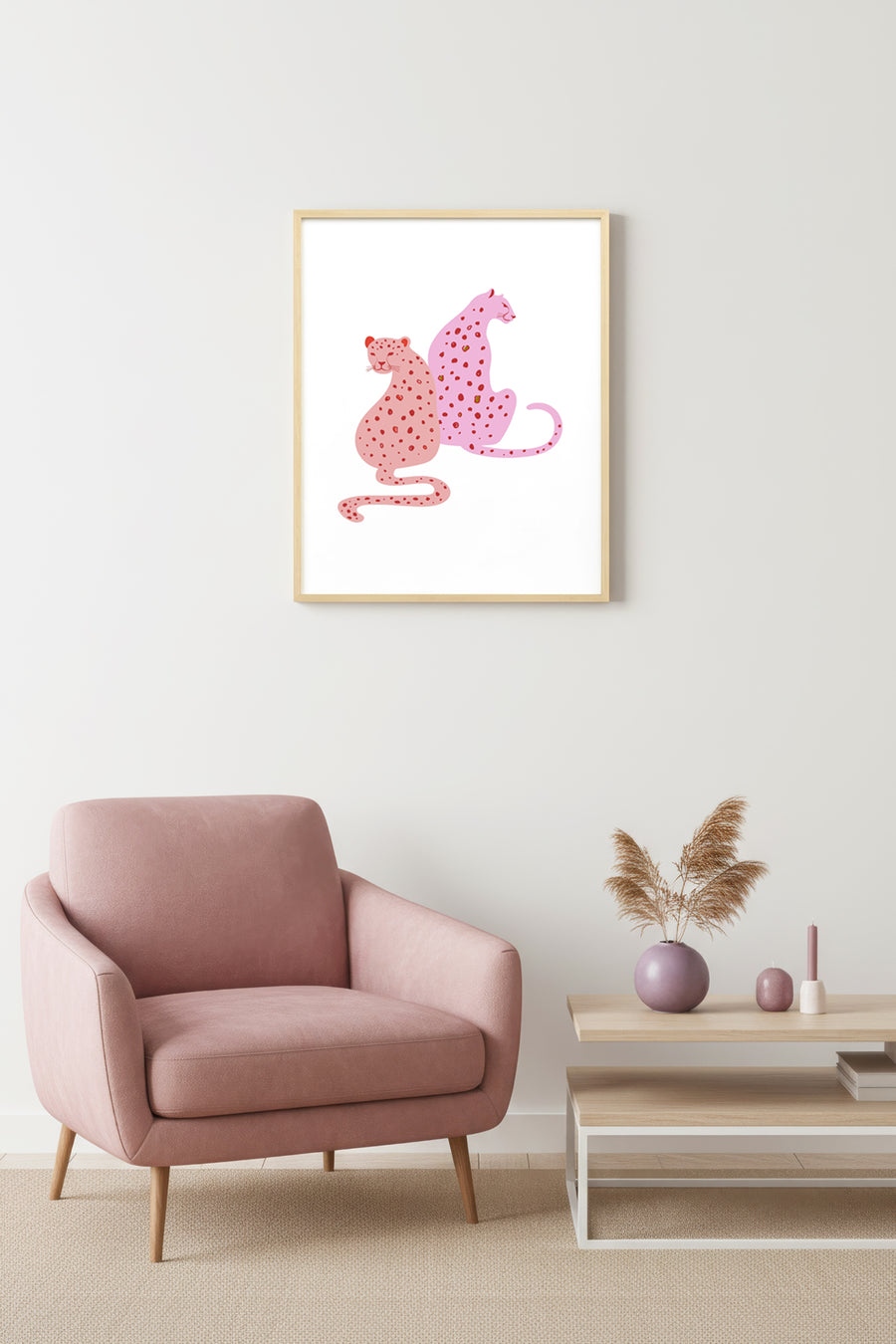 Doğal Ahşap Çerçeveli Retro Hayvan Tablo - Pembe Leopar Portresi | huhu2301
