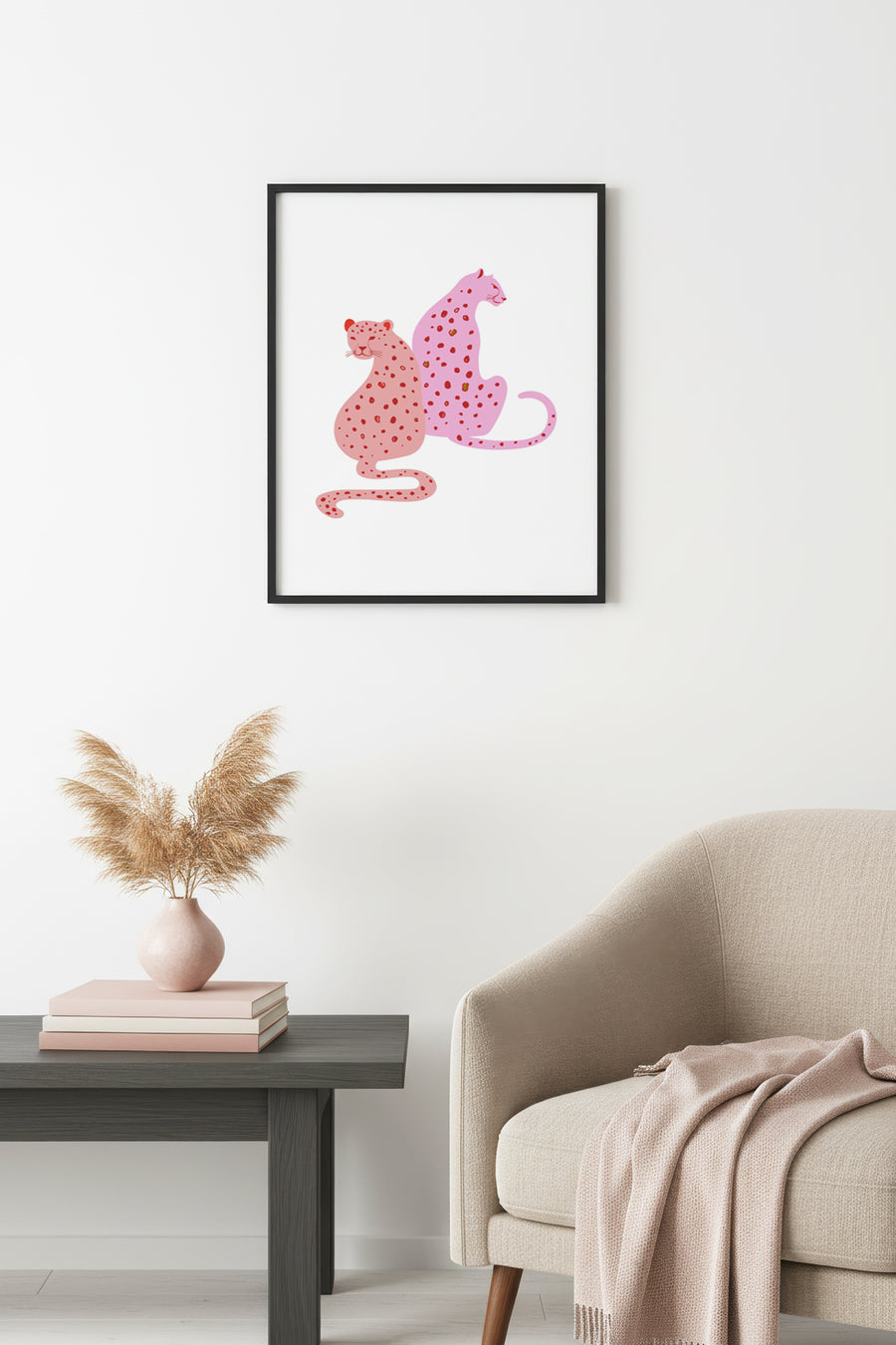 Doğal Ahşap Çerçeveli Retro Hayvan Tablo - Pembe Leopar Portresi | huhu2301