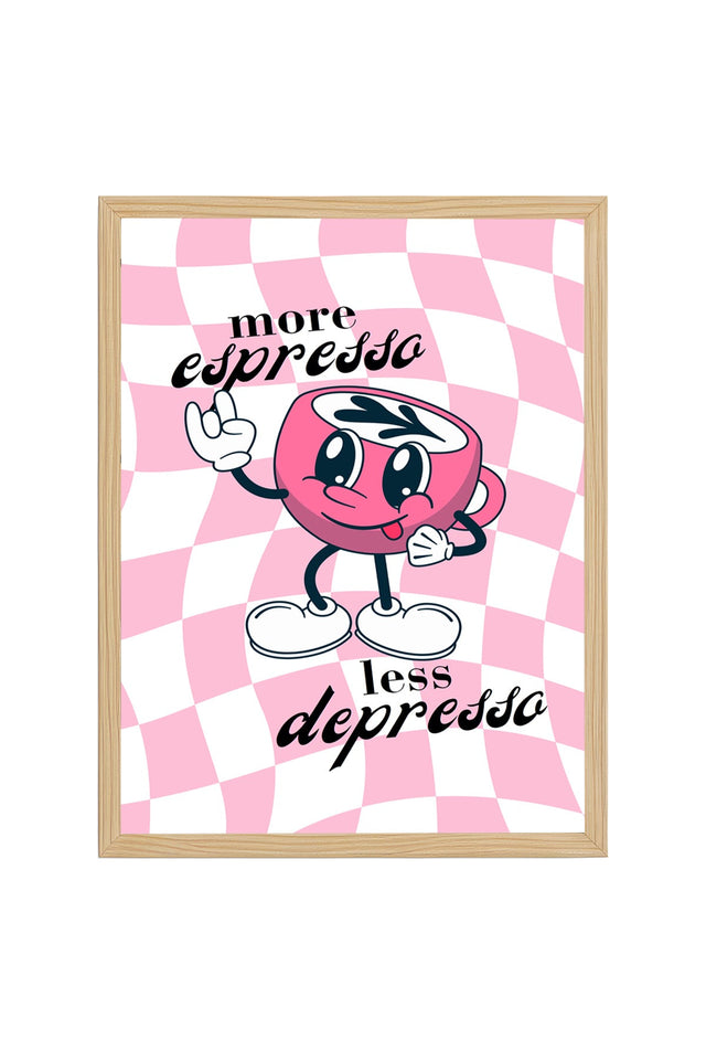 Doğal Ahşap Çerçeveli Retro Tablo - Kahve Temalı Espresso Grafik Tasarım | huhu2302