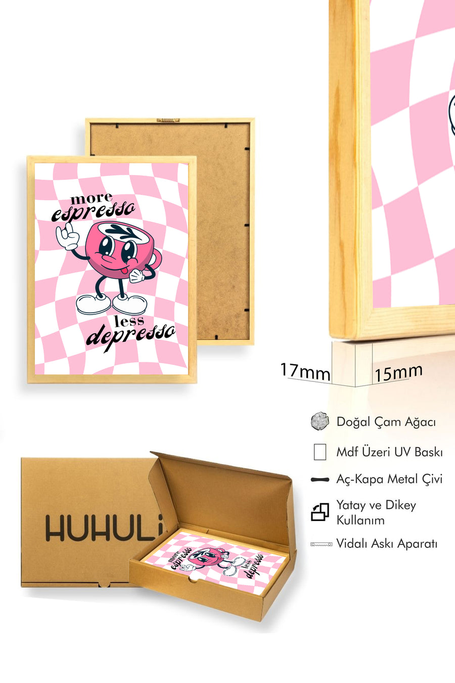 Doğal Ahşap Çerçeveli Retro Tablo - Kahve Temalı Espresso Grafik Tasarım | huhu2302