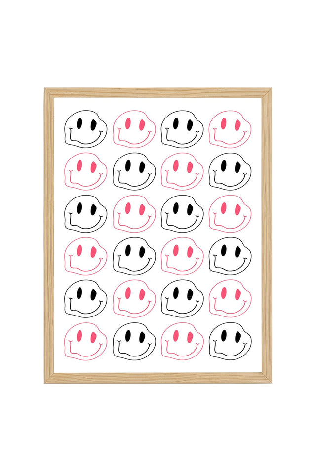 Doğal Ahşap Çerçeveli Retro Smiley Yüz Desenli Tablo - Pembe Tonlar | huhu2304