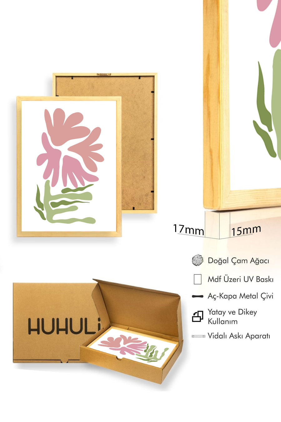 Doğal Ahşap Çerçeveli Retro Floral Tablo - Pembe ve Yeşil Botanik Desen | huhu2305