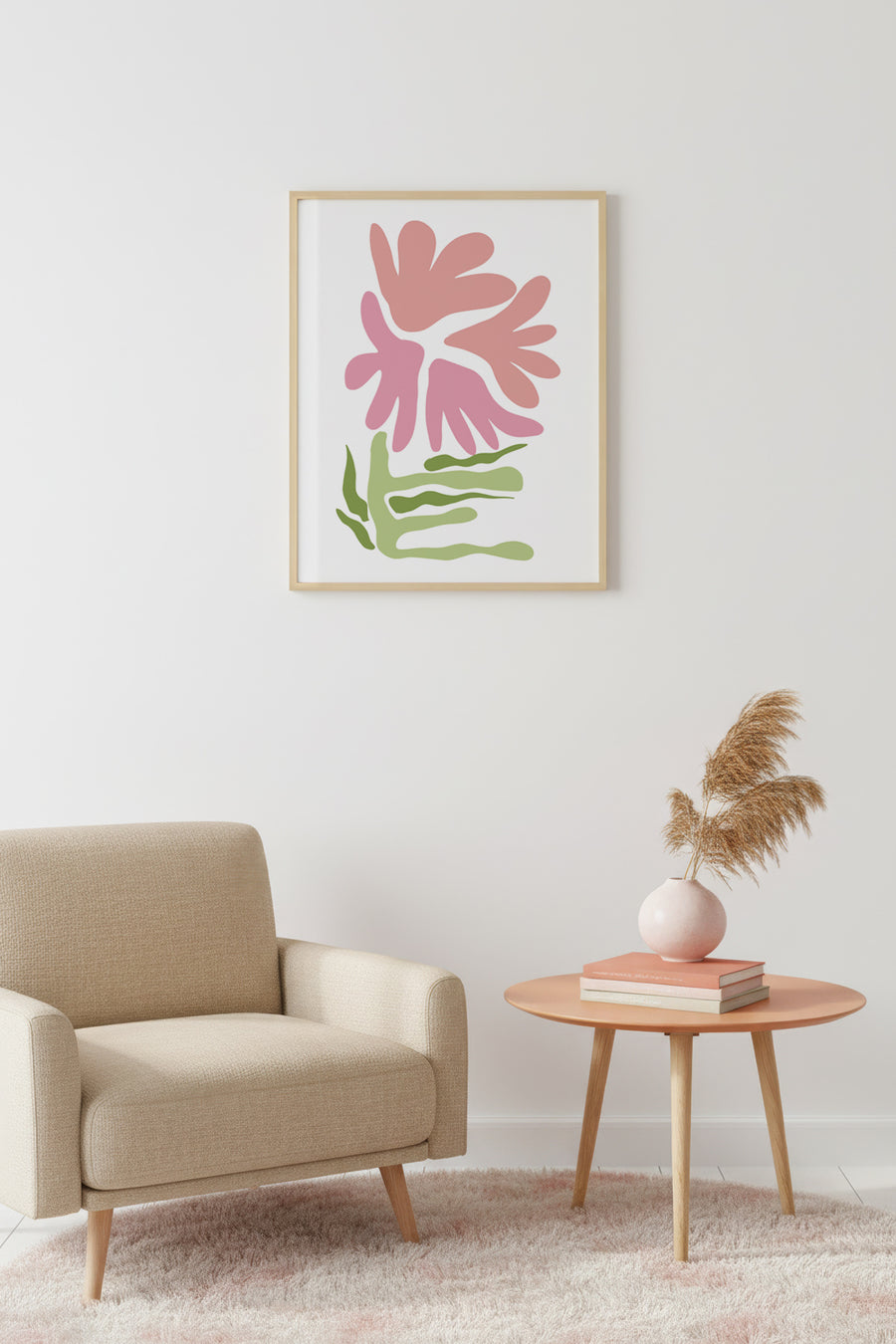Doğal Ahşap Çerçeveli Retro Floral Tablo - Pembe ve Yeşil Botanik Desen | huhu2305
