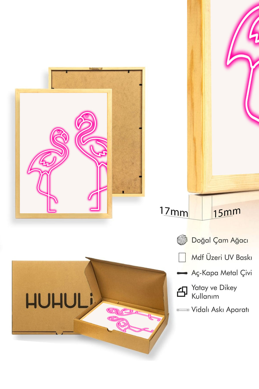 Doğal Ahşap Çerçeveli Retro Flamingo Tablo - Pembe Kuş Line Art | huhu2306