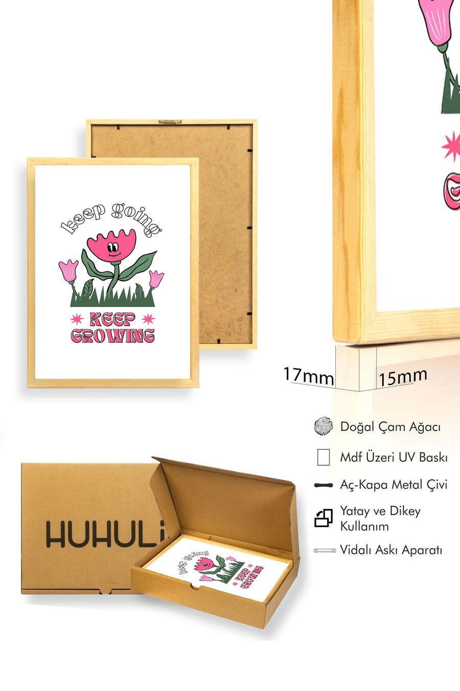 Doğal Ahşap Çerçeveli Floral Lale Tablo - Keep Growing Retro Desen | huhu2310