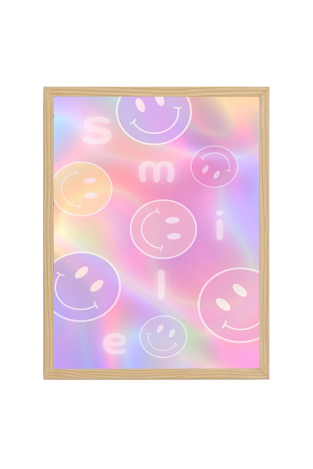 Doğal Ahşap Çerçeveli Retro Tablo - Pastel Rainbow Smiley Desenli | huhu2316