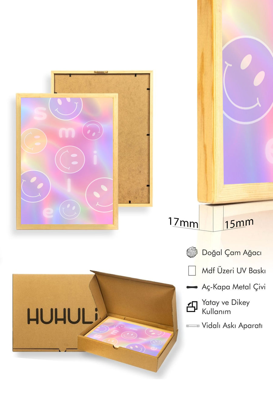 Doğal Ahşap Çerçeveli Retro Tablo - Pastel Rainbow Smiley Desenli | huhu2316