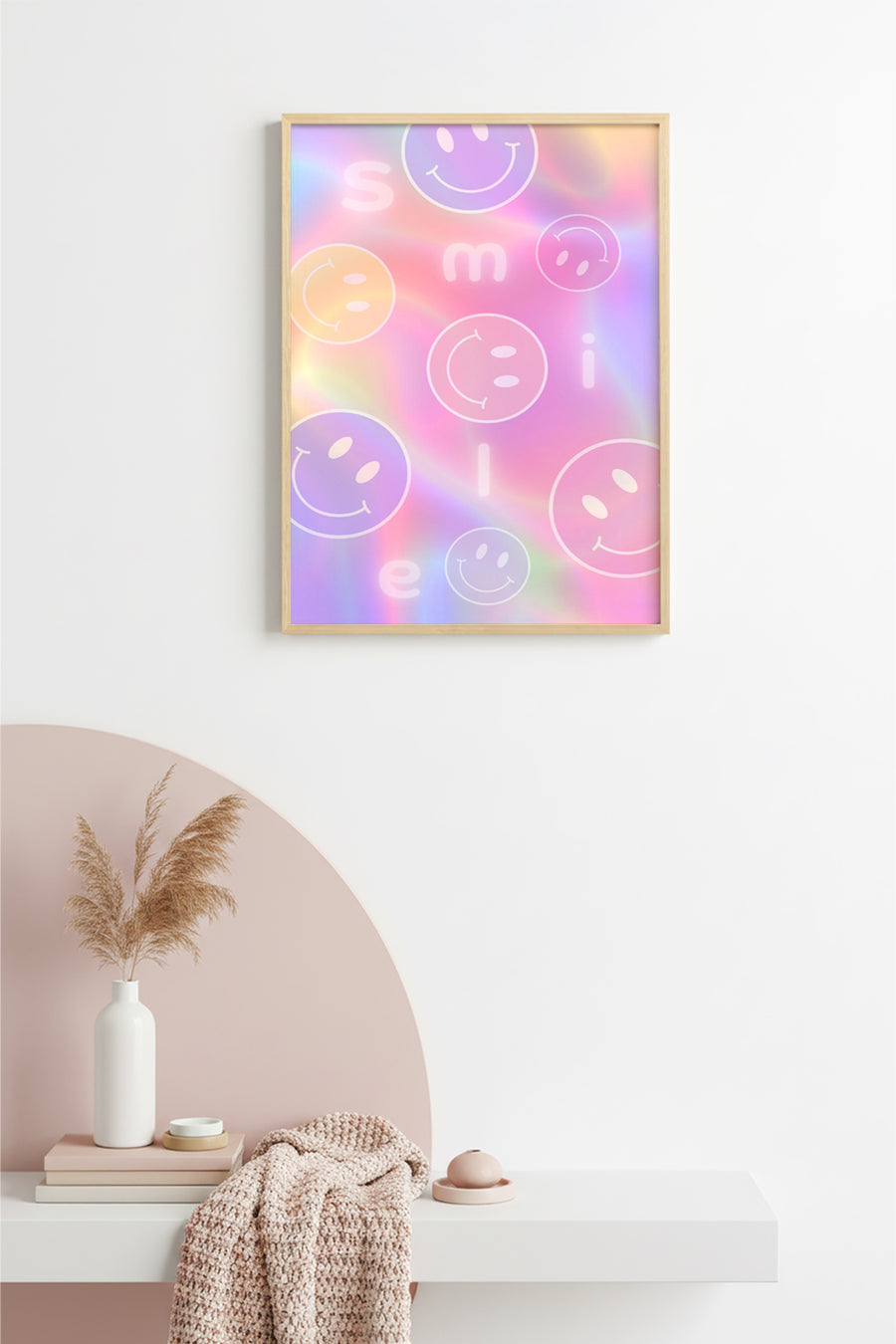 Doğal Ahşap Çerçeveli Retro Tablo - Pastel Rainbow Smiley Desenli | huhu2316