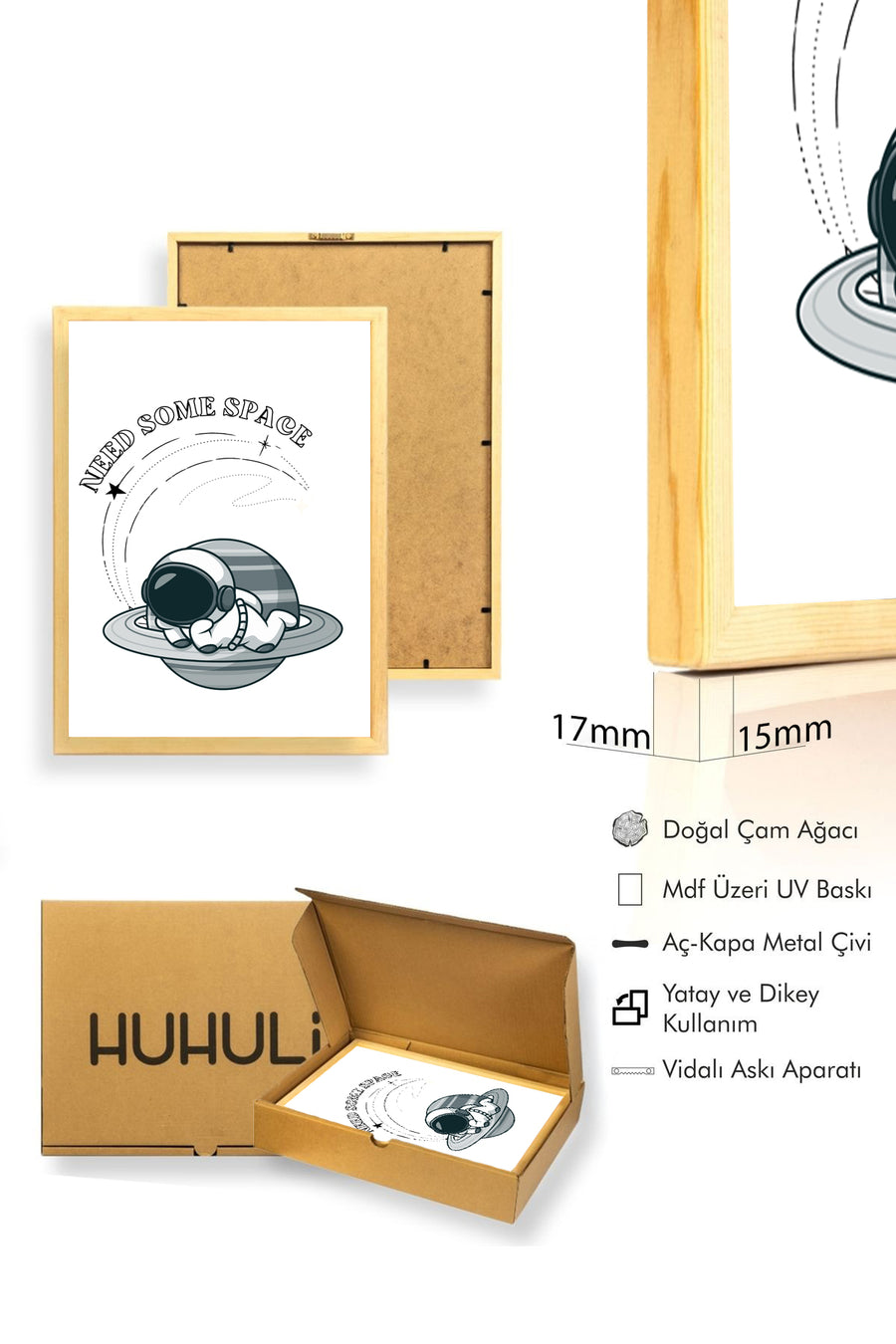 Doğal Ahşap Çerçeveli Retro Tablo - Uzay Temalı Astronot | huhu2319