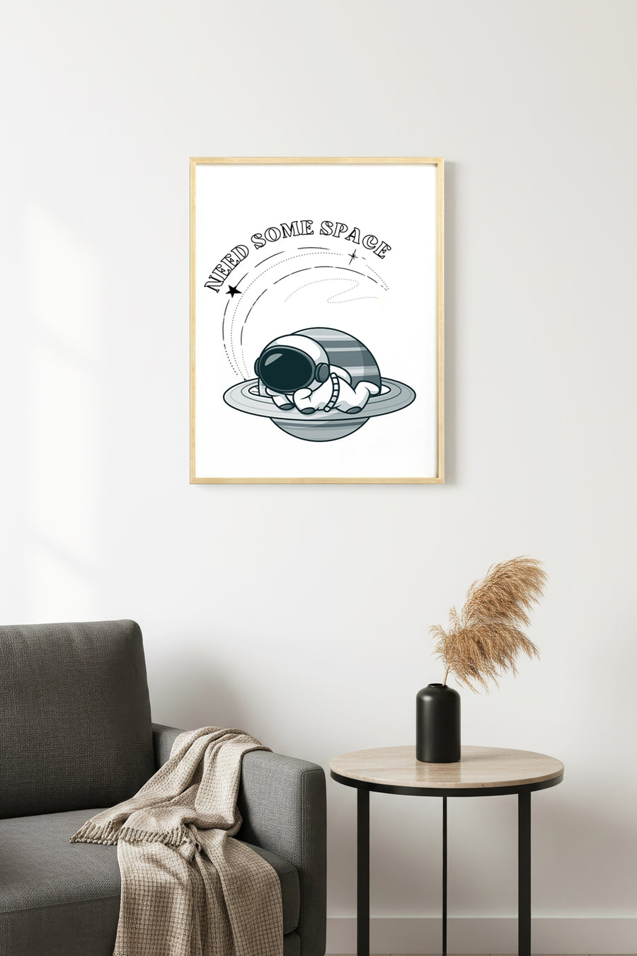 Doğal Ahşap Çerçeveli Retro Tablo - Uzay Temalı Astronot | huhu2319