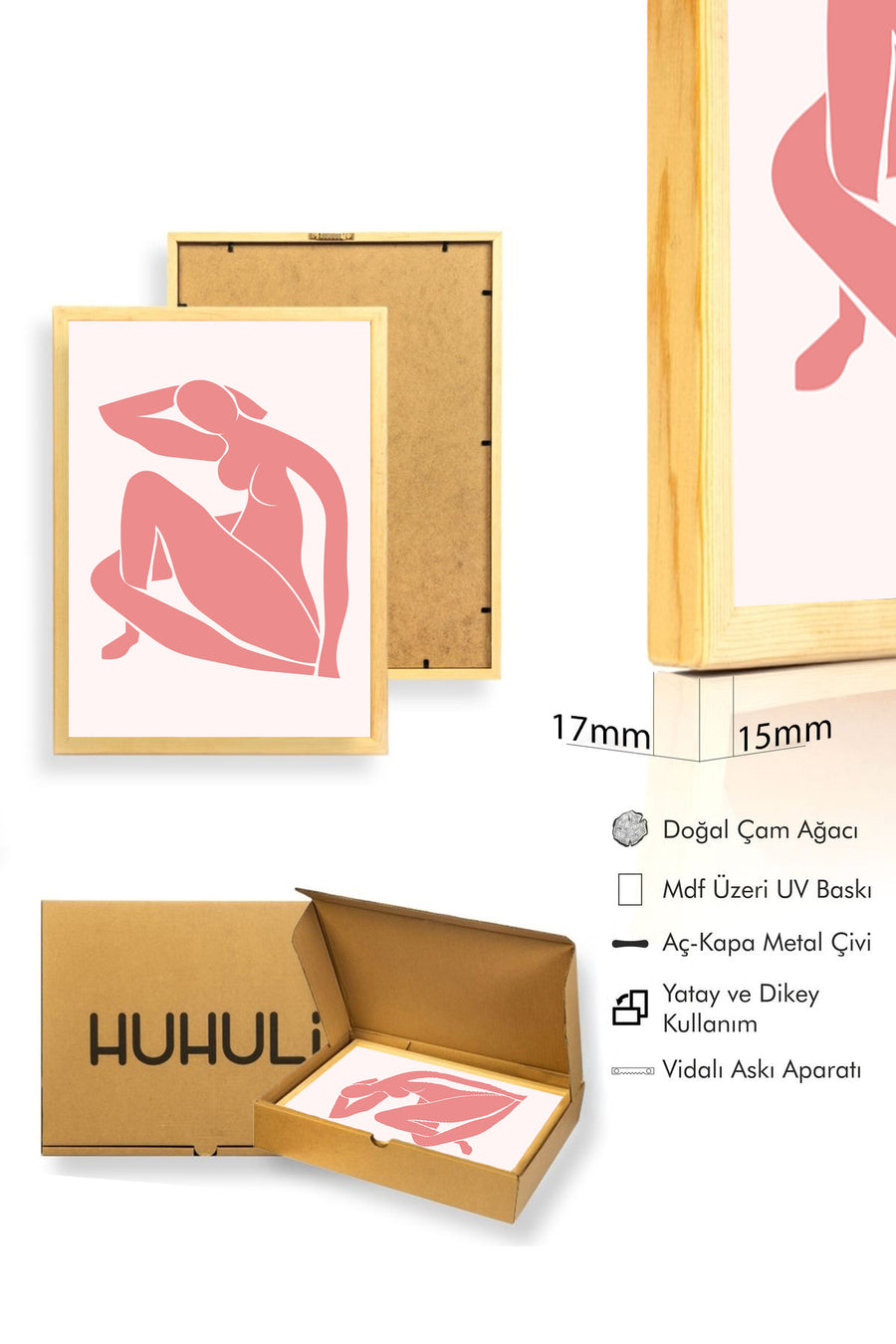 Doğal Ahşap Çerçeveli Retro Kadın Portresi Tablo - Minimalist Figür | huhu2322