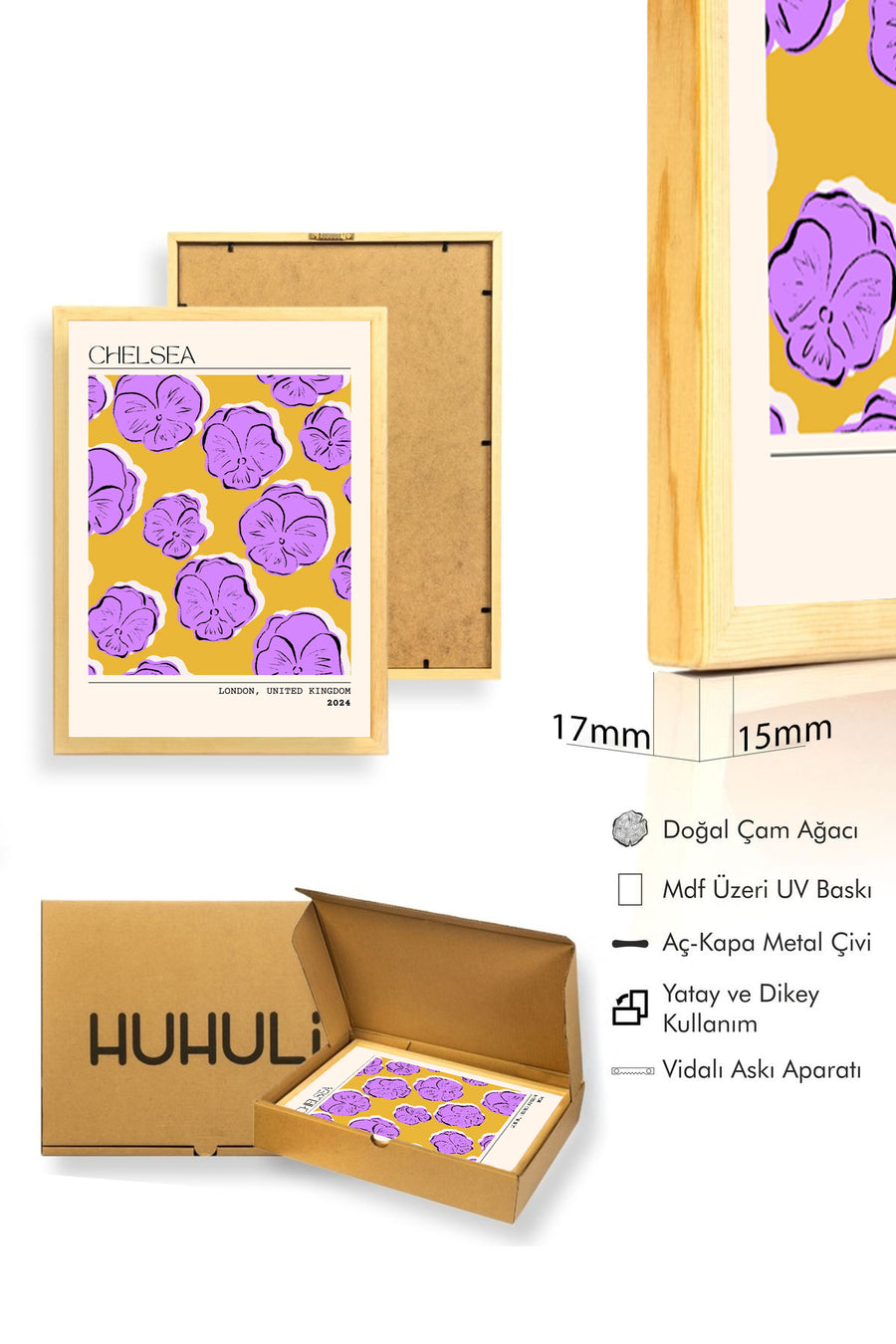 Doğal Ahşap Çerçeveli Retro Floral Tablo - Lila Çiçek Desenli | huhu2323