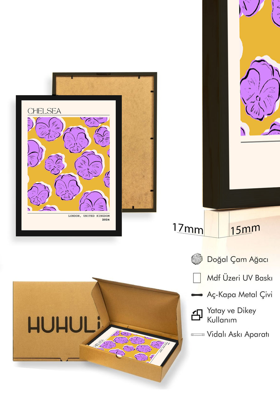 Doğal Ahşap Çerçeveli Retro Floral Tablo - Lila Çiçek Desenli | huhu2323