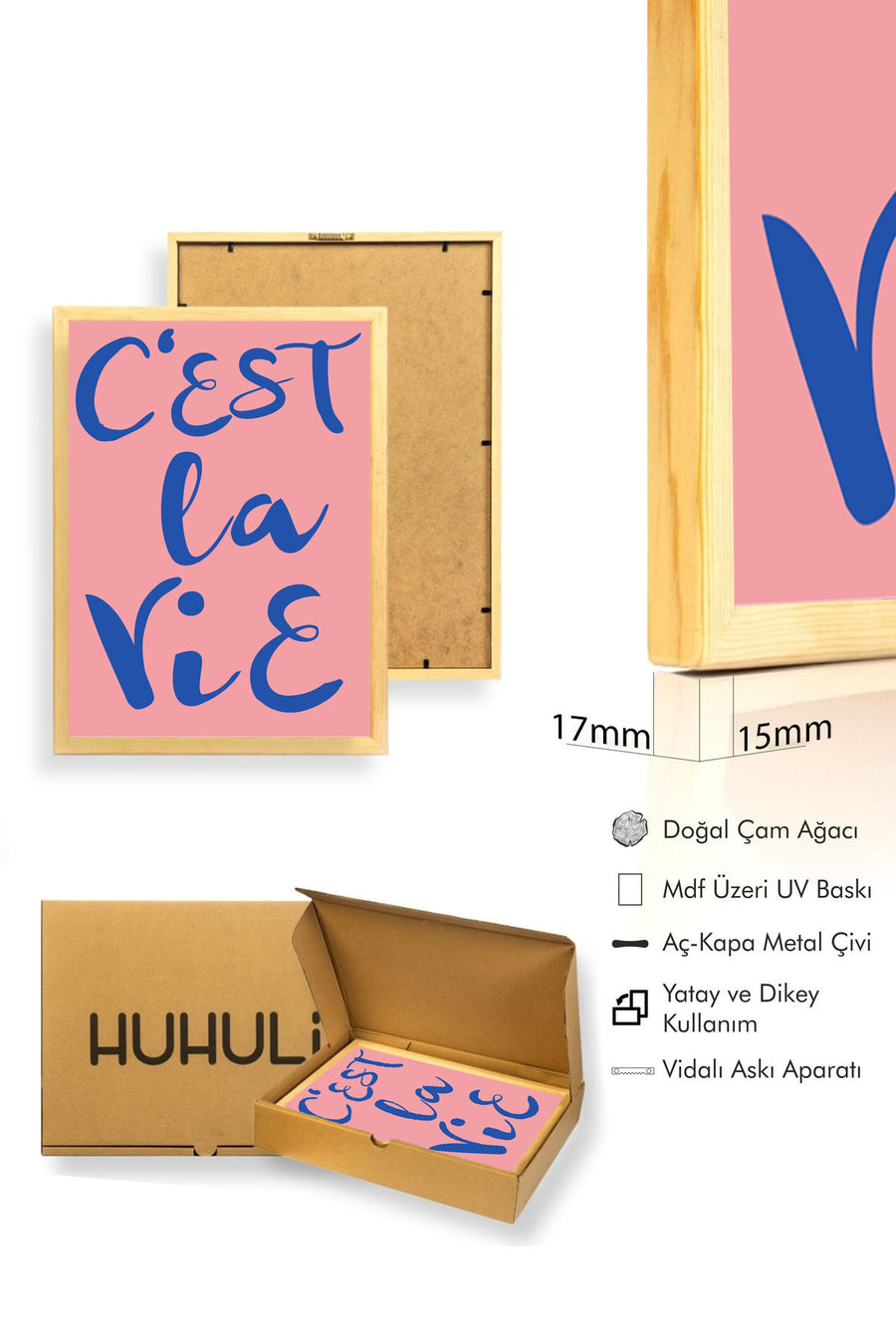 Doğal Ahşap Çerçeveli Minimalist C'est La Vie Tablo - Fransız Script Retro | huhu2324