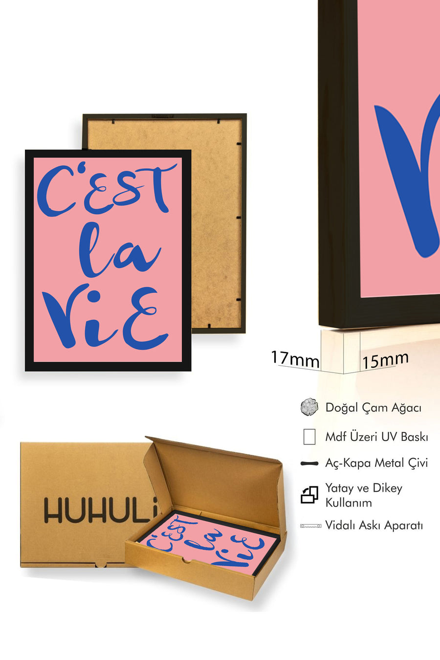 Doğal Ahşap Çerçeveli Minimalist C'est La Vie Tablo - Fransız Script Retro | huhu2324