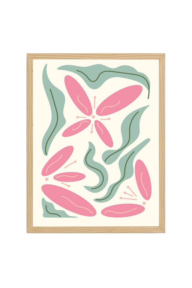 Doğal Ahşap Çerçeveli Retro Boho Floral Tablo - Pastel Çiçek Deseni | huhu2325