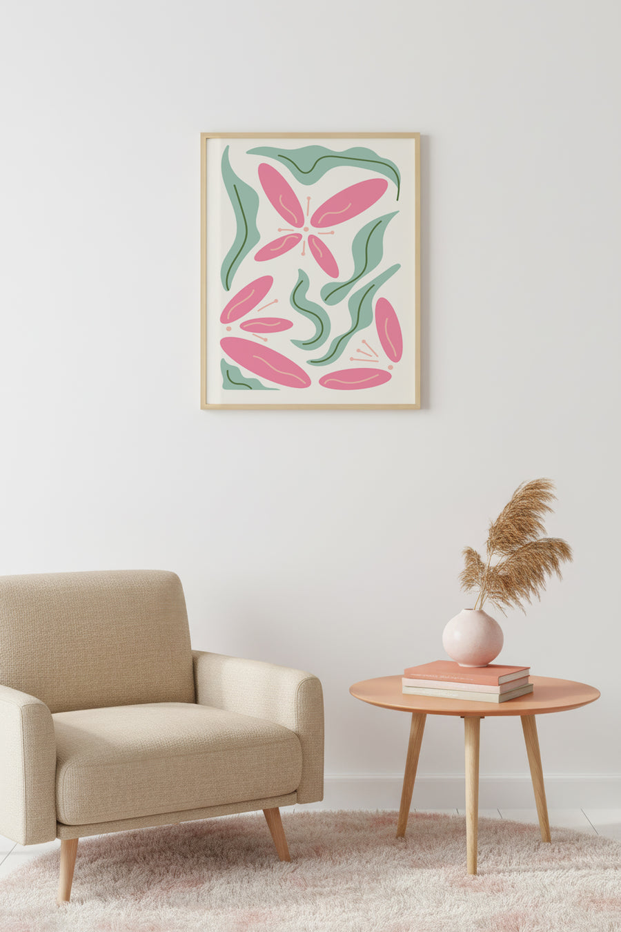 Doğal Ahşap Çerçeveli Retro Boho Floral Tablo - Pastel Çiçek Deseni | huhu2325