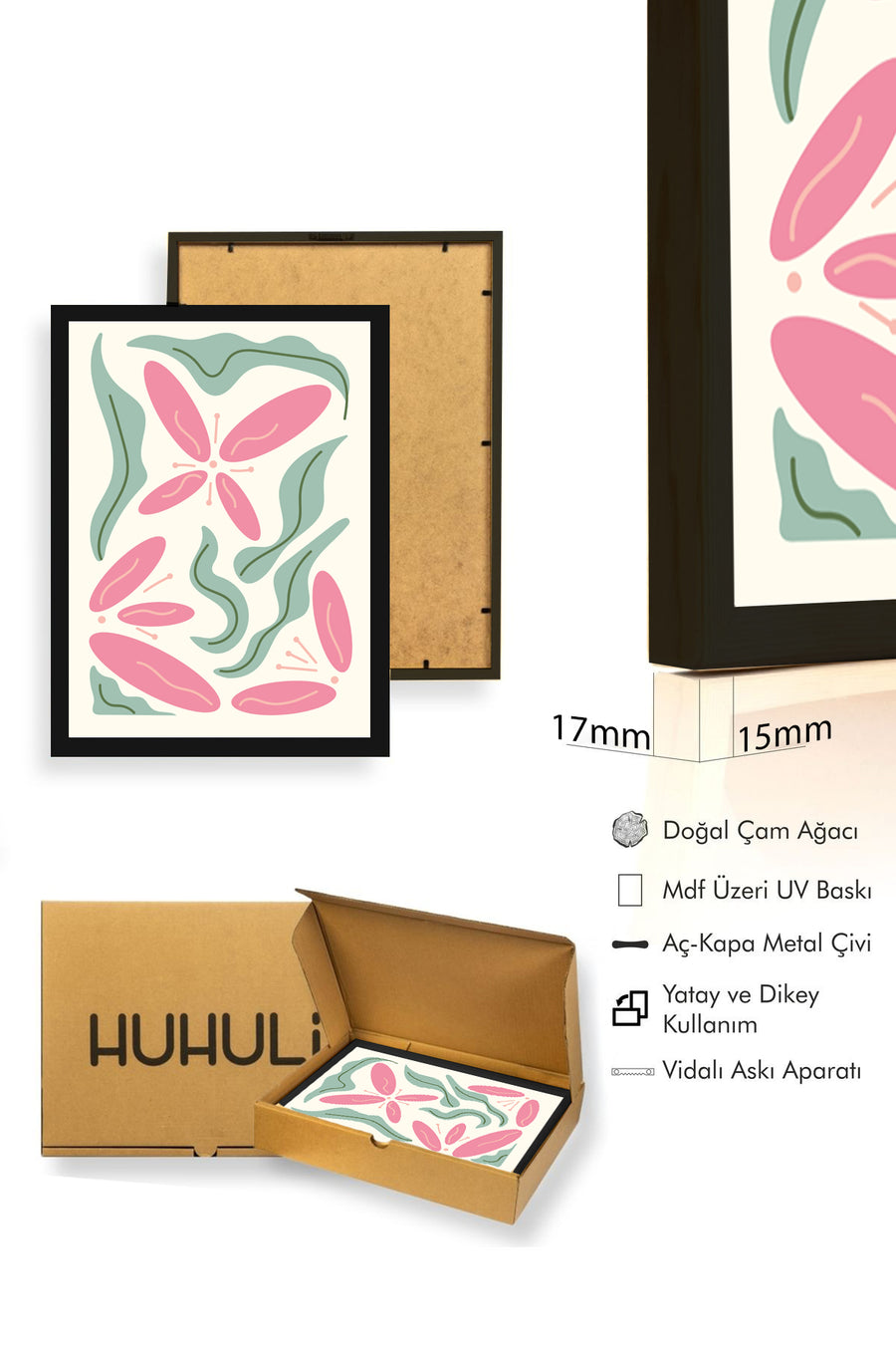 Doğal Ahşap Çerçeveli Retro Boho Floral Tablo - Pastel Çiçek Deseni | huhu2325