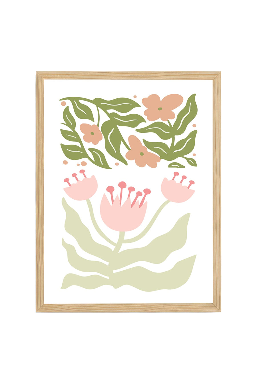 Doğal Ahşap Çerçeveli Retro Floral Tablo - Pastel Botanik Çiçekler | huhu2326