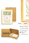 Doğal Ahşap Çerçeveli Retro Floral Tablo - Pastel Botanik Çiçekler | huhu2326