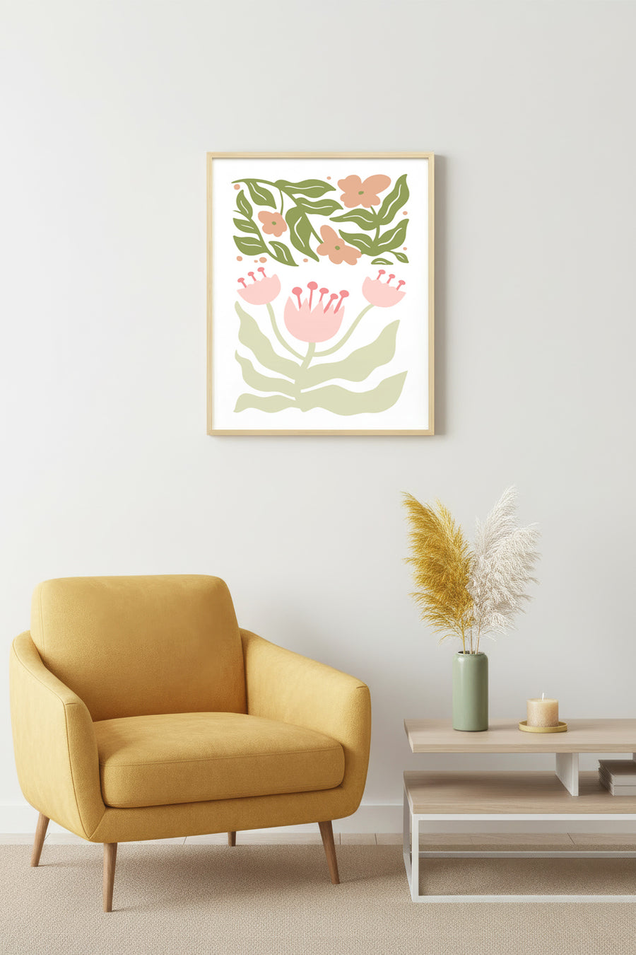 Doğal Ahşap Çerçeveli Retro Floral Tablo - Pastel Botanik Çiçekler | huhu2326