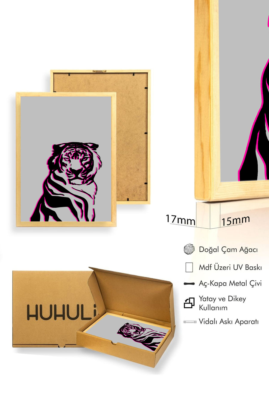 Doğal Ahşap Çerçeveli Retro Kaplan Tablo - Pop Art Grafik Tasarım | huhu2327