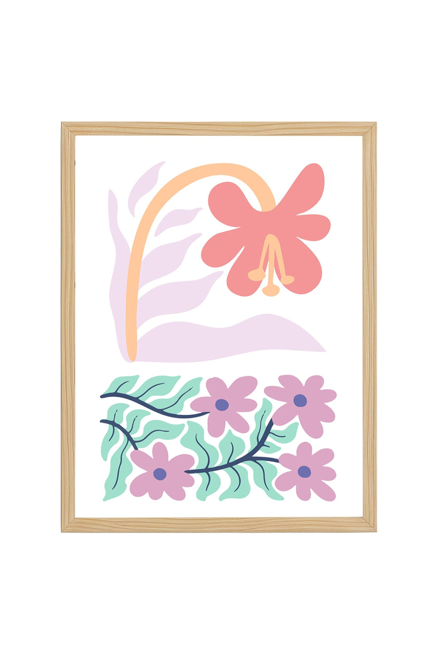 Doğal Ahşap Çerçeveli Retro Floral Tablo - Pastel Boho Çiçek Desenli | huhu2330