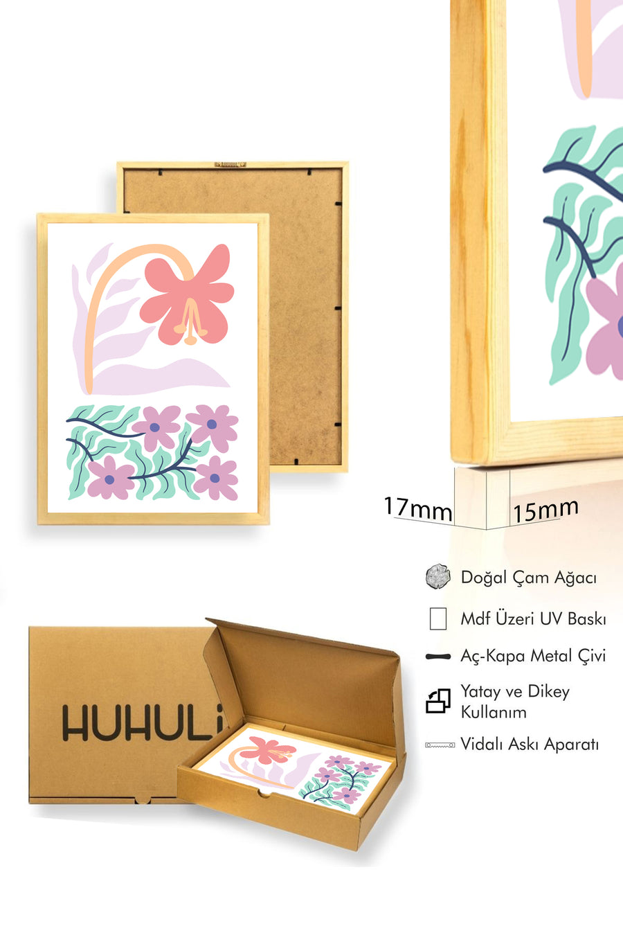 Doğal Ahşap Çerçeveli Retro Floral Tablo - Pastel Boho Çiçek Desenli | huhu2330