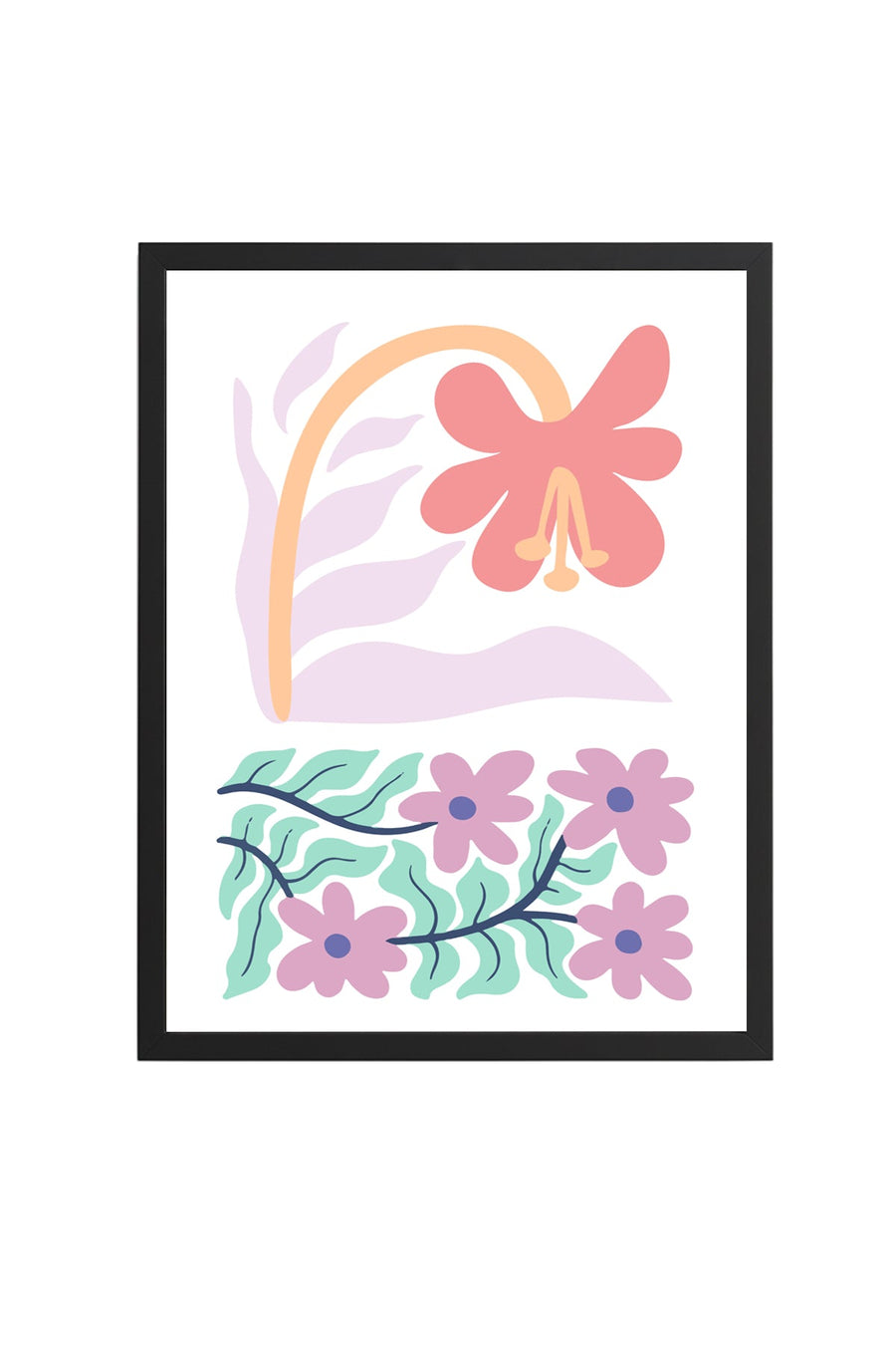 Doğal Ahşap Çerçeveli Retro Floral Tablo - Pastel Boho Çiçek Desenli | huhu2330