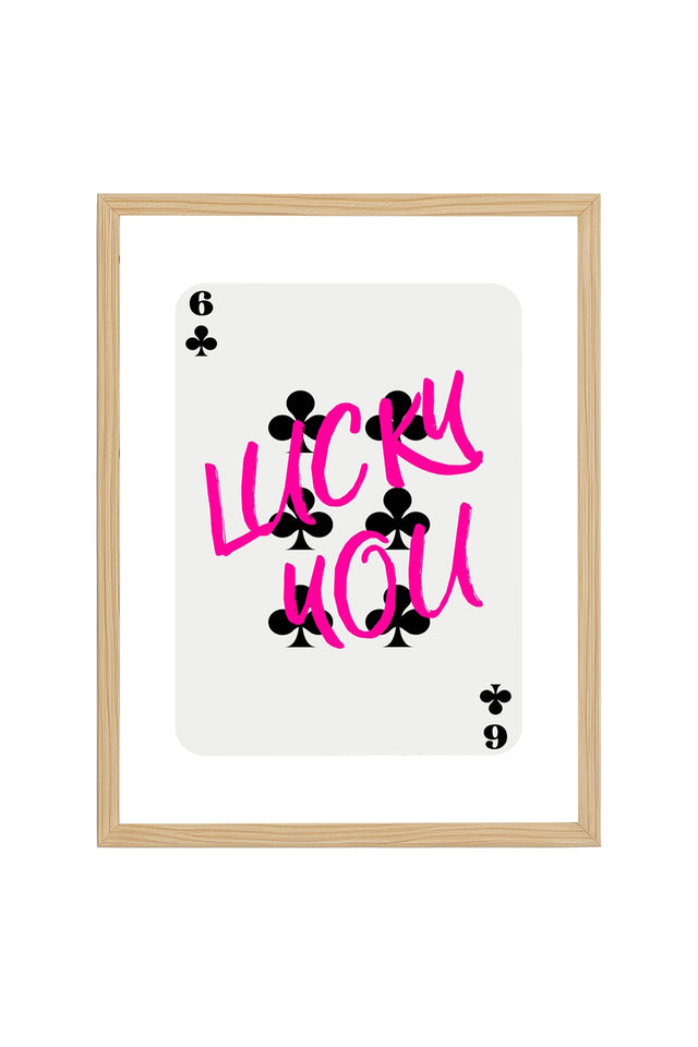 Doğal Ahşap Çerçeveli Retro Tablo - Lucky You Script - Pembe Tonlar | huhu2331