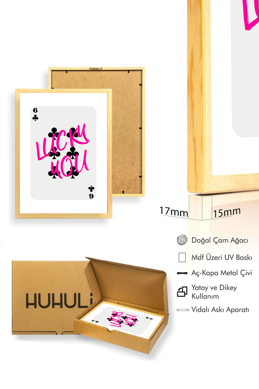 Doğal Ahşap Çerçeveli Retro Tablo - Lucky You Script - Pembe Tonlar | huhu2331