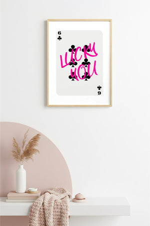 Doğal Ahşap Çerçeveli Retro Tablo - Lucky You Script - Pembe Tonlar | huhu2331