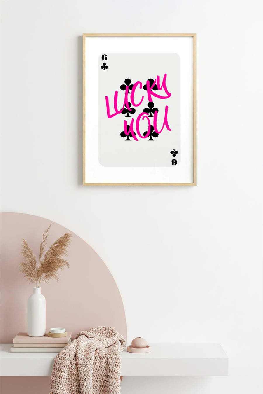 Doğal Ahşap Çerçeveli Retro Tablo - Lucky You Script - Pembe Tonlar | huhu2331