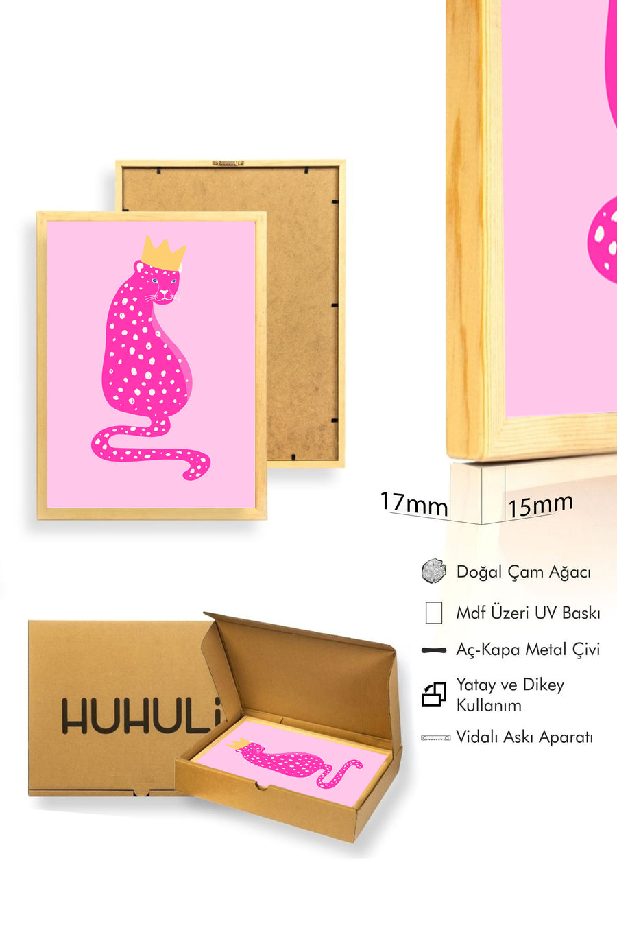 Doğal Ahşap Çerçeveli Retro Kedi Tablo - Pembe Nokta Desenli Prenses | huhu2333