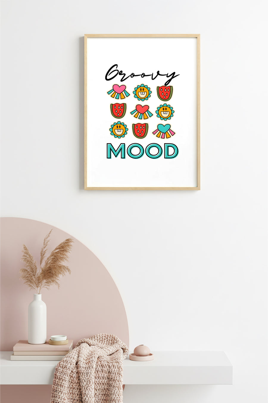 Doğal Ahşap Çerçeveli Retro Tablo - Groovy Yaz Pop Art Smiley Desenli | huhu2335