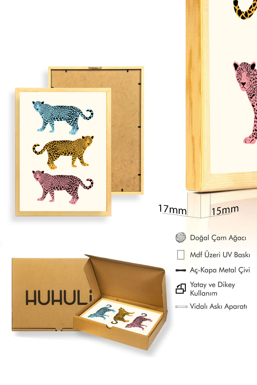 Doğal Ahşap Çerçeveli Retro Hayvan Tablo - Safari Leopar Desenli | huhu2337