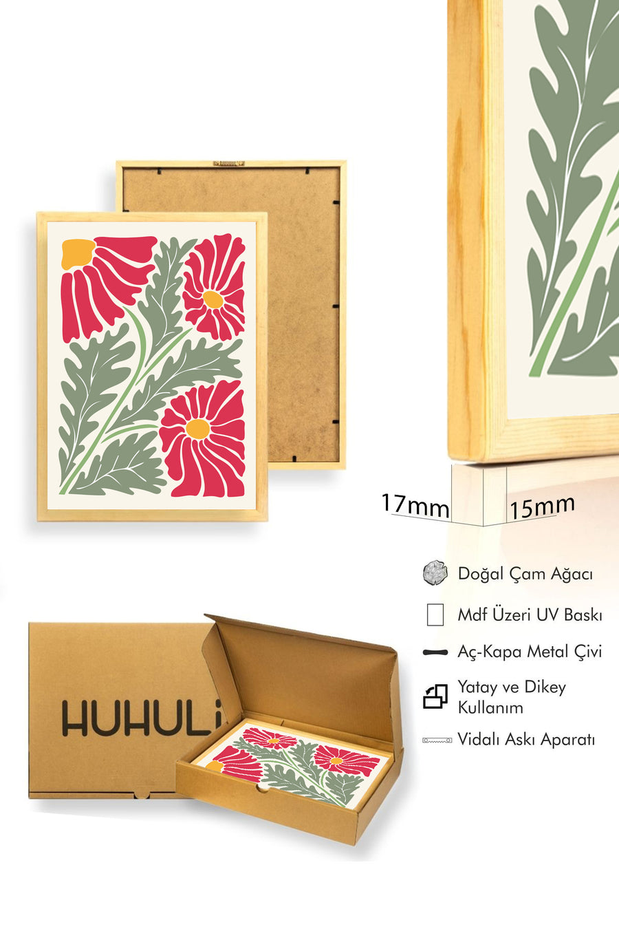 Doğal Ahşap Çerçeveli Retro Çiçekli Botanik Tablo - Canlı Tonlar | huhu2340