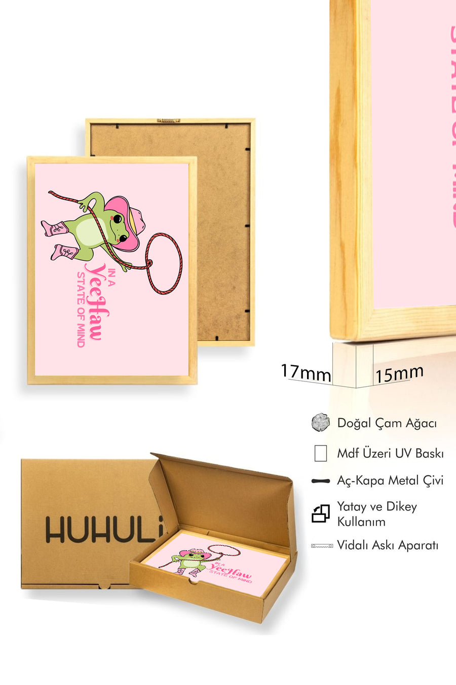 Doğal Ahşap Çerçeveli Pop Art Kurbağa Tablo - Yeehaw State Of Mind Retro | huhu2345