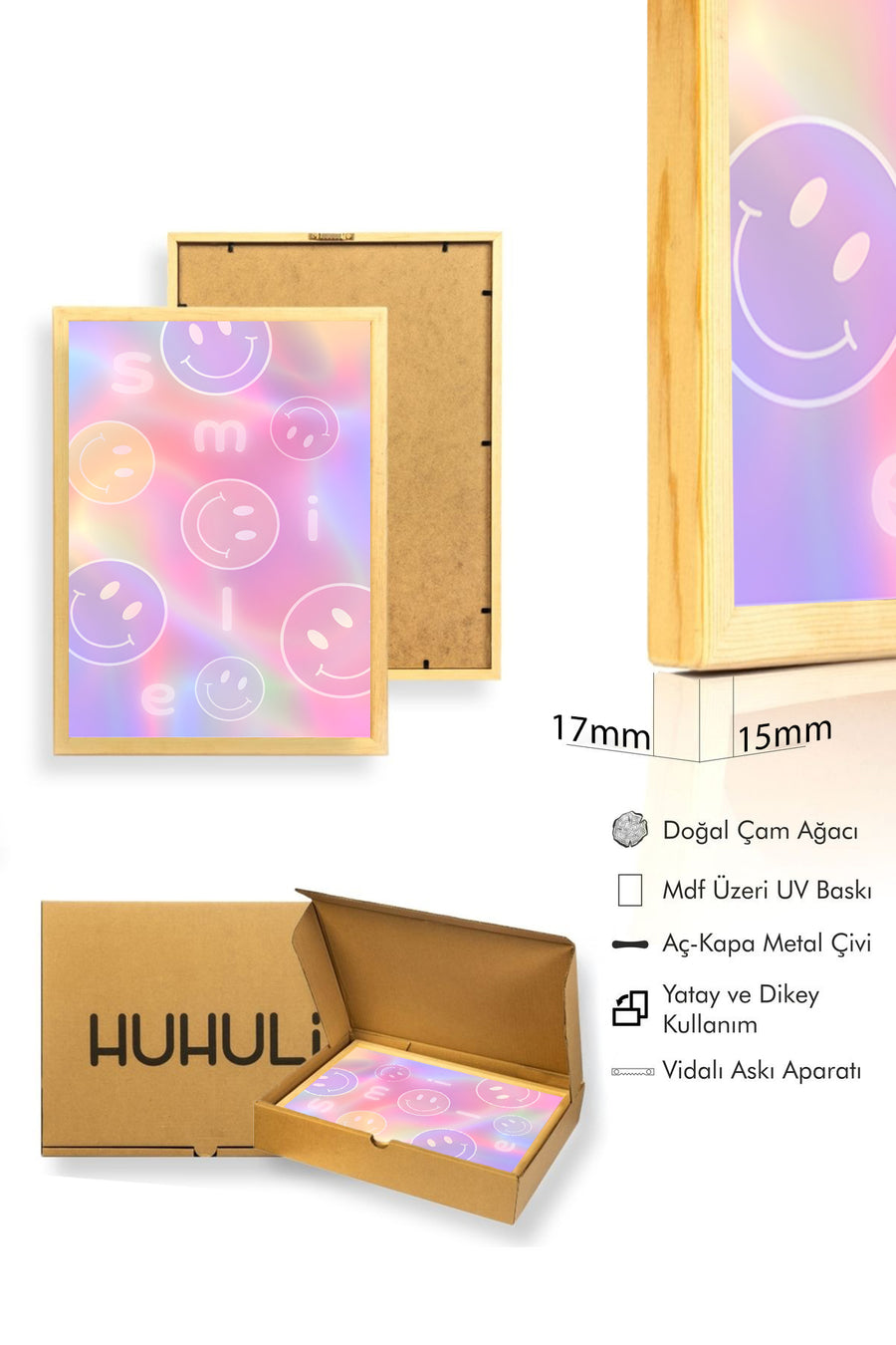 Doğal Ahşap Çerçeveli Pastel Tonlar Smiley Pop Art Tablo - Retro | huhu2348