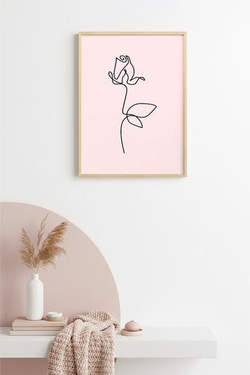 Doğal Ahşap Çerçeveli Retro Çizgi Desenli Gül Tablo - Minimalist | huhu2350