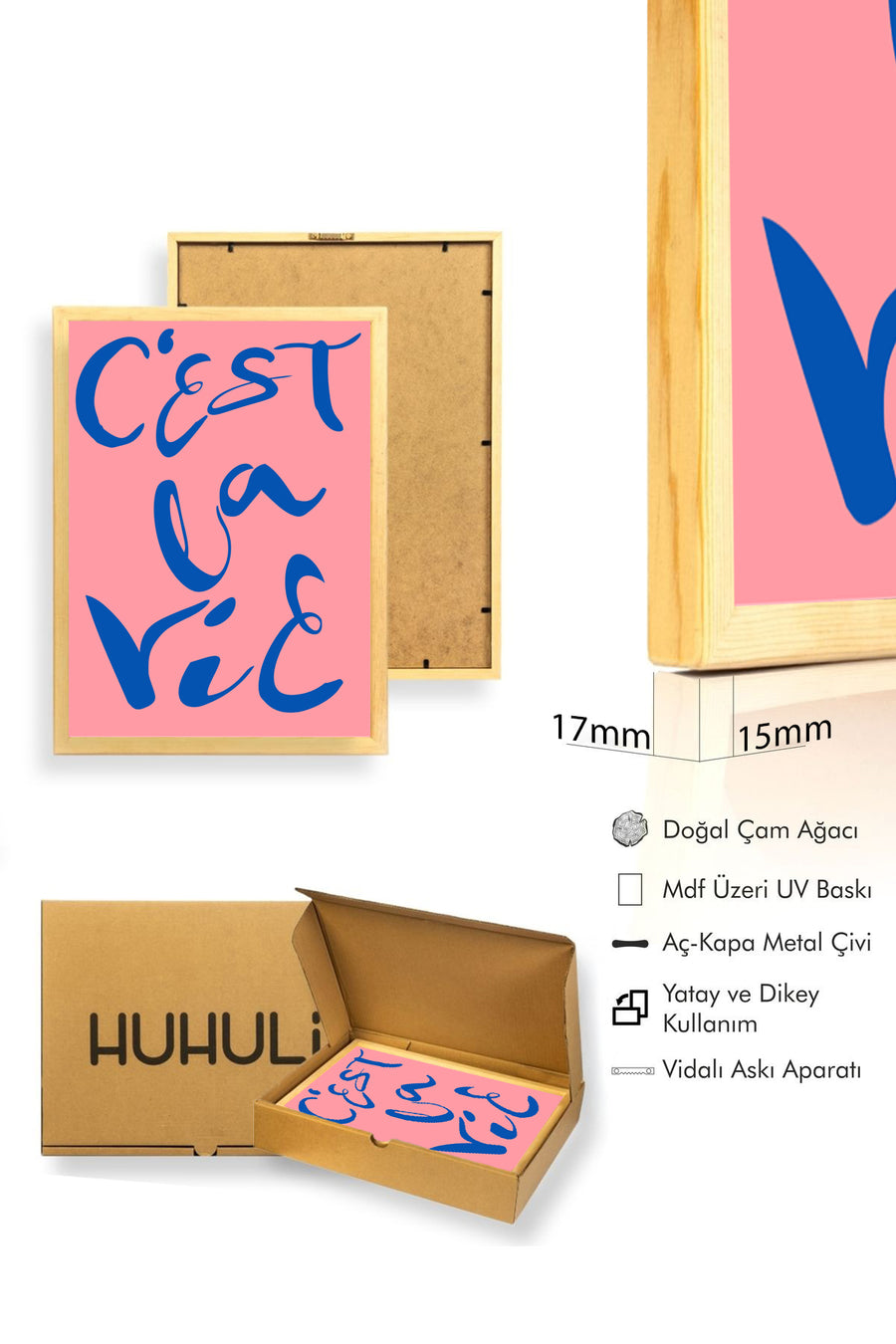 Doğal Ahşap Çerçeveli Retro Tablo - Boho Script Yazı Tasarım | huhu2352