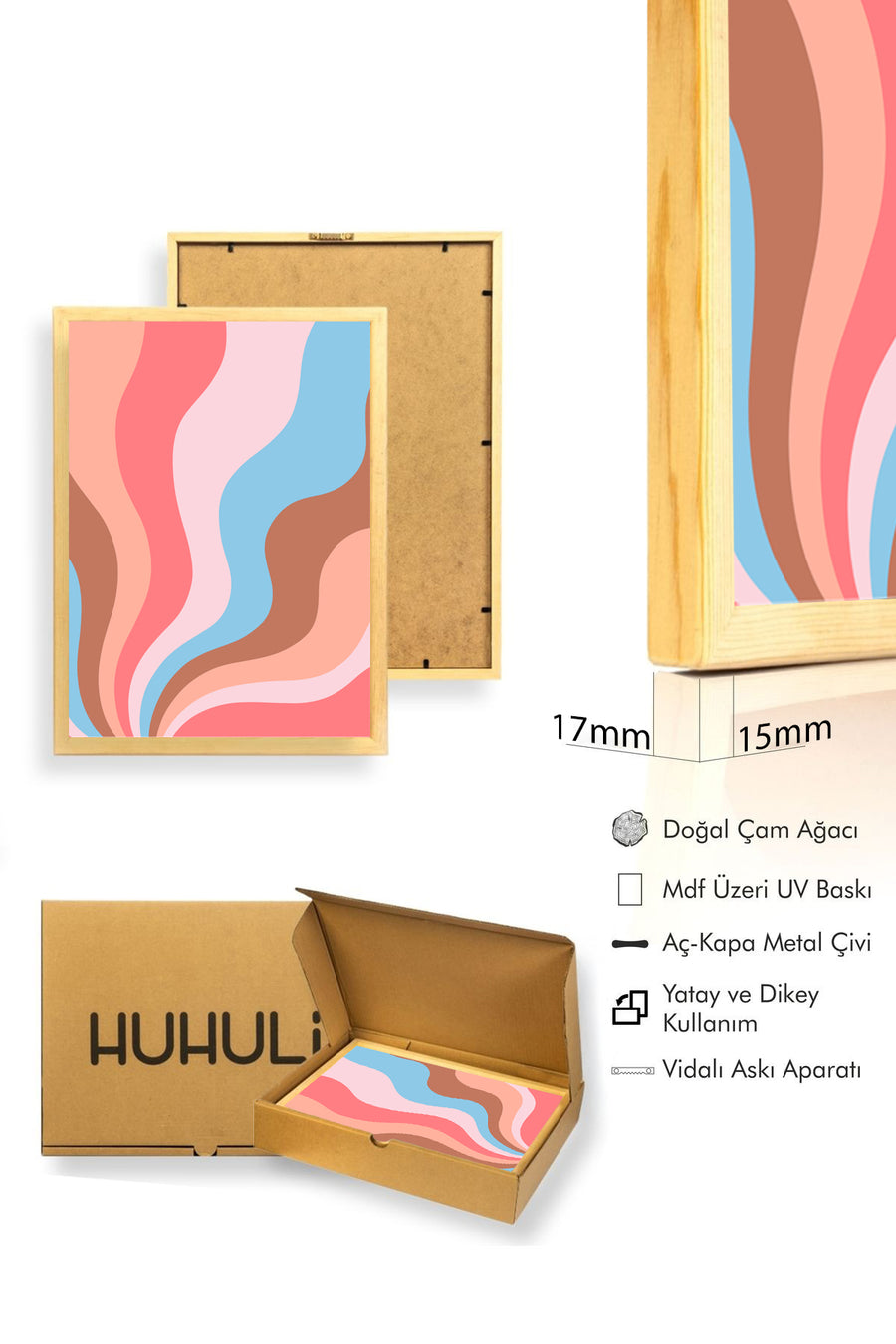 Doğal Ahşap Çerçeveli Retro Dalgalı Soyut Desenli Tablo - Pastel Tonlar | huhu2356